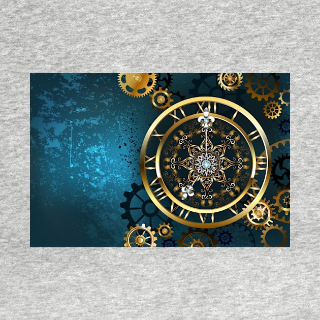 Golden Clock on Turquoise Background ( Steampunk ) by Blackmoon9